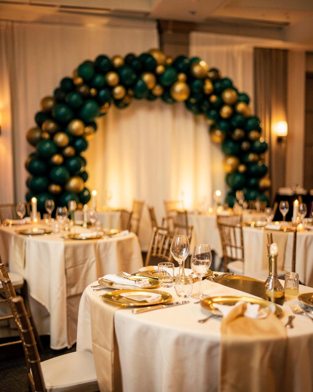 A fully decorated event venue with an emerald and gold balloon arch, cream linens, and gold table settings